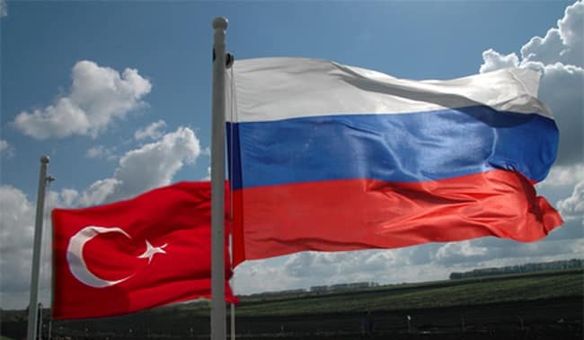 Russian and Turkish Flag in front of a Blue Sky | Forex World - Choose-Forex