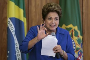 Brazil's President Dilma Rousseff reacts during a meeting with leaders of the Social Democratic Party (PSD) at the Planalto Palace in Brasilia